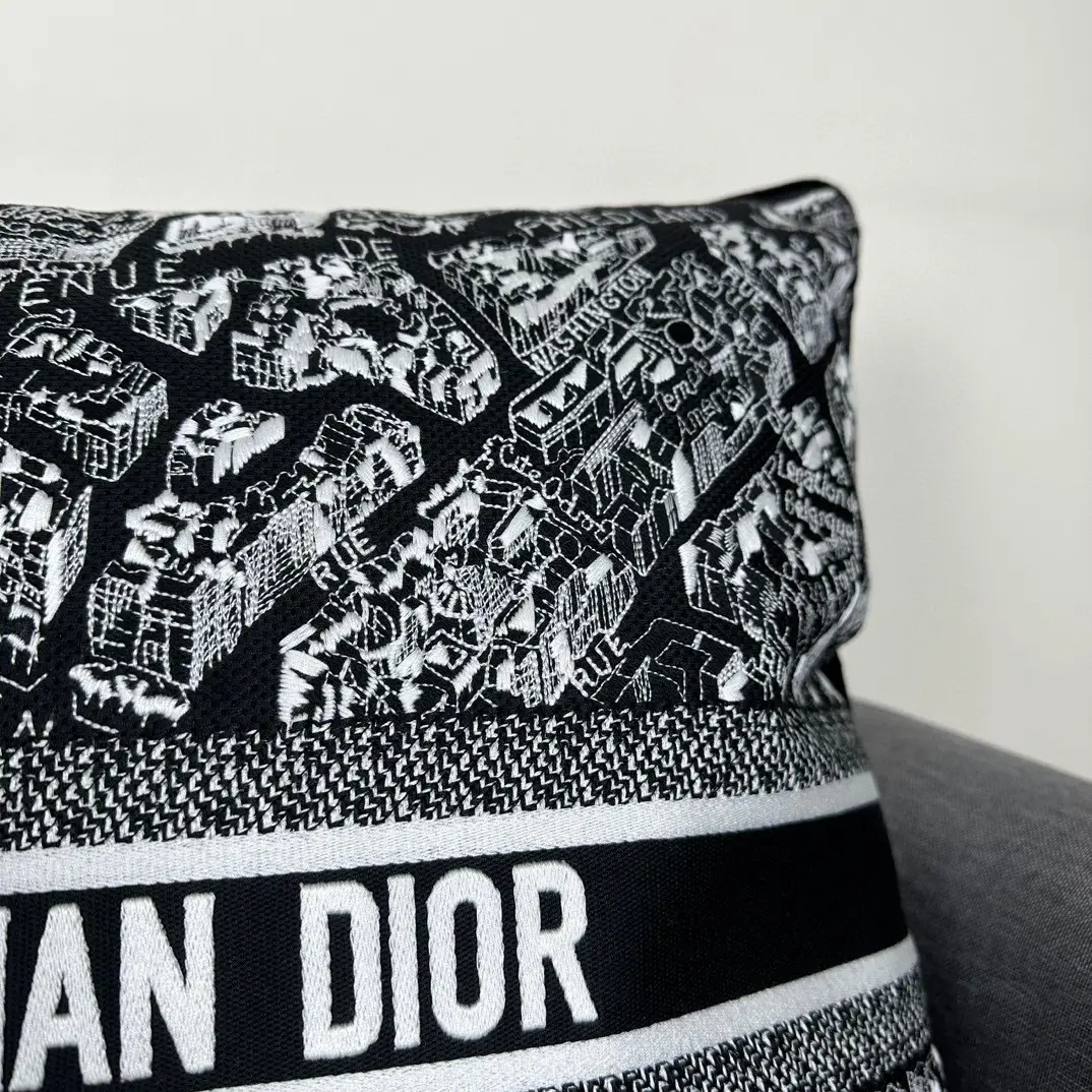 Dior Small Square Pillow Black and White Plan de Paris Motif